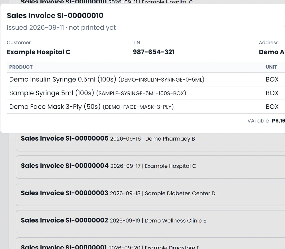 An issued serialized sales invoice over the list of issued documents (sample data)