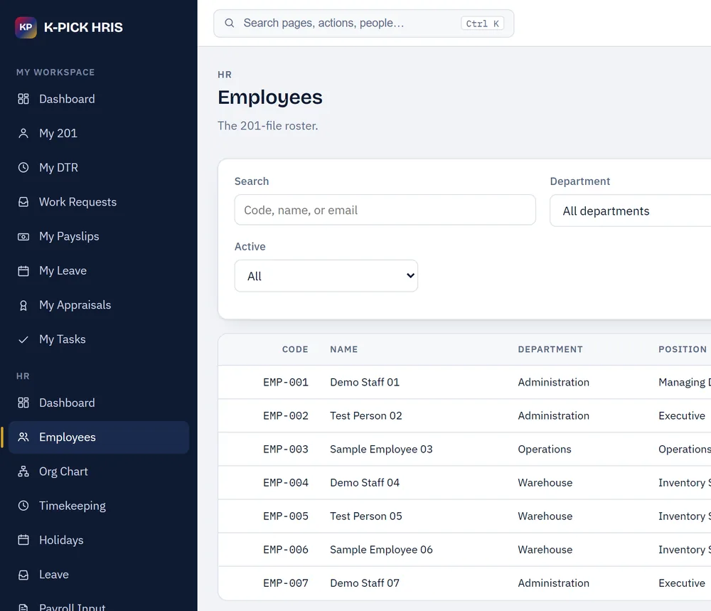 K-PICK HRIS employee roster (demo data)