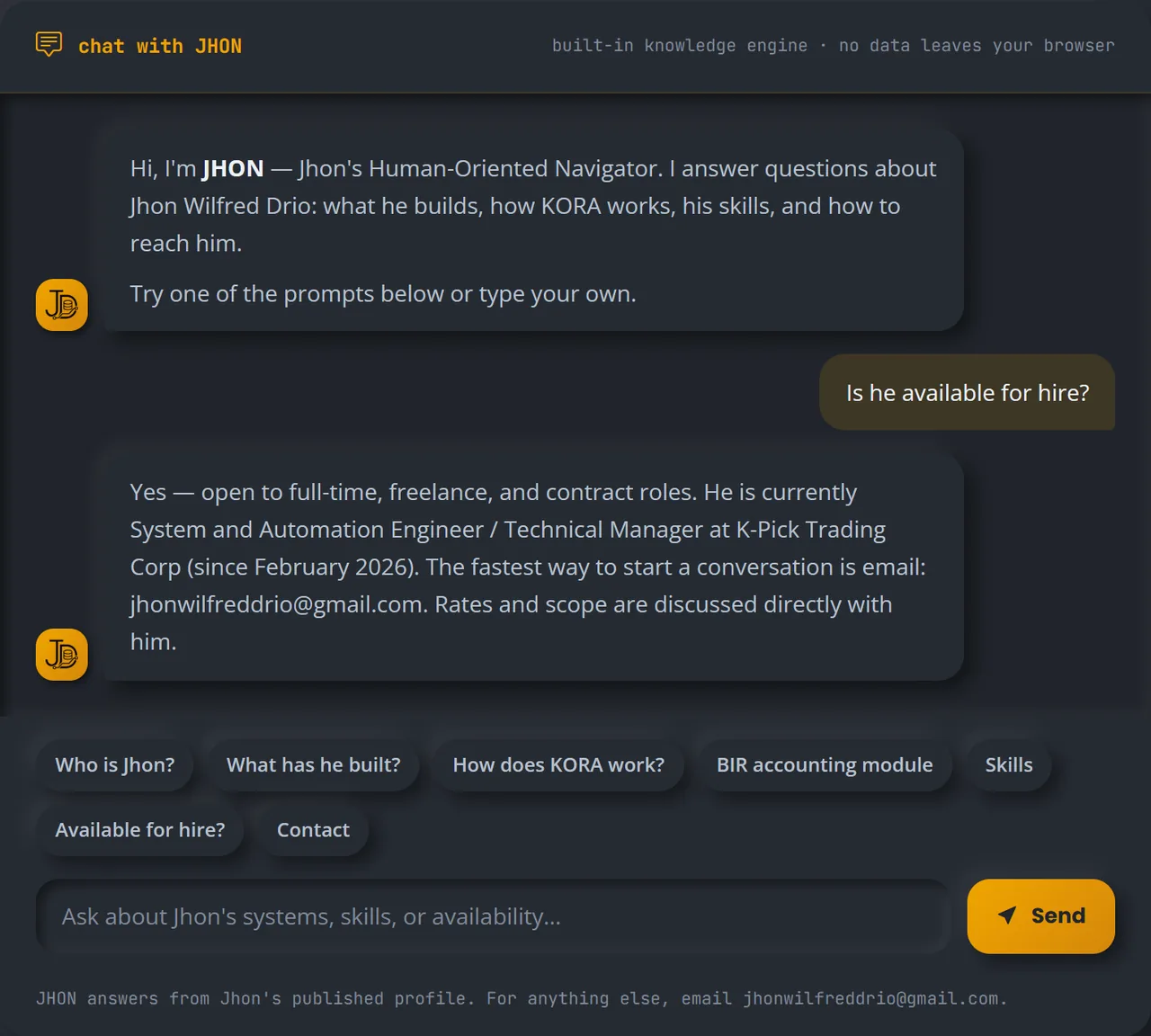 The JHON chat on this site answering a visitor's question